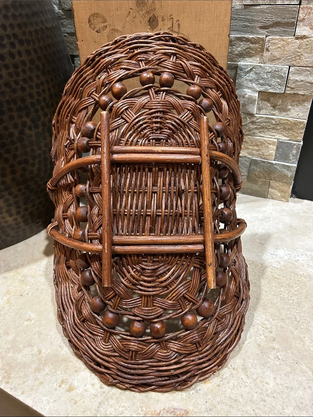 SOLD- vintage wicker rattan foraging flower trug basket decorated w/ wooden bead